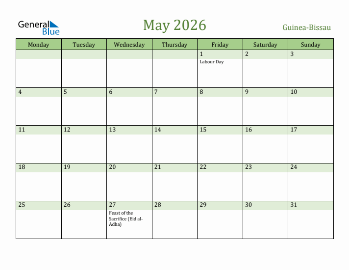 May 2026 Calendar with Guinea-Bissau Holidays