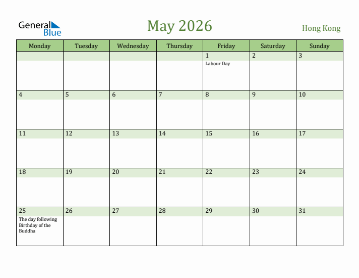 May 2026 Calendar with Hong Kong Holidays