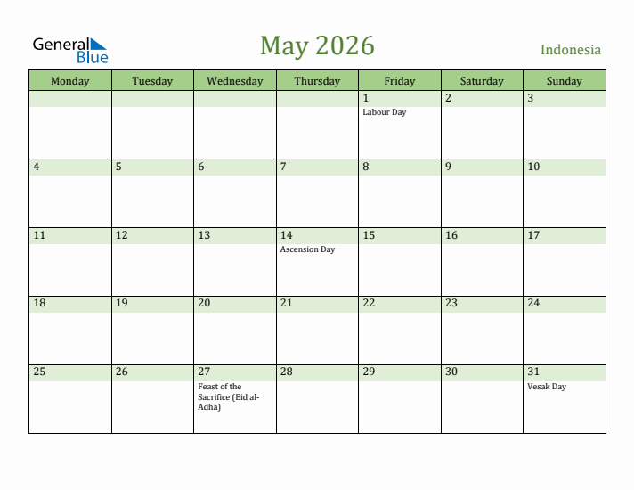 May 2026 Calendar with Indonesia Holidays