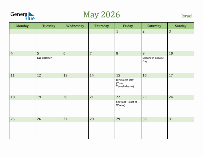 May 2026 Calendar with Israel Holidays