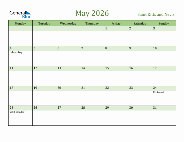 May 2026 Calendar with Saint Kitts and Nevis Holidays