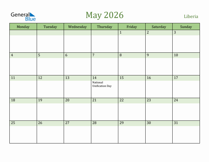 May 2026 Calendar with Liberia Holidays