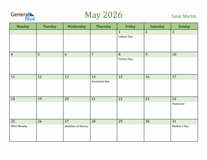 May 2026 Calendar with Saint Martin Holidays