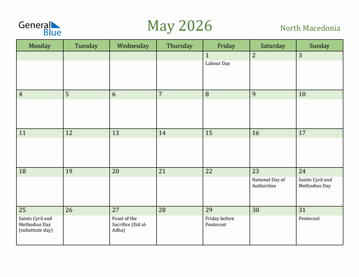 May 2026 Calendar with North Macedonia Holidays