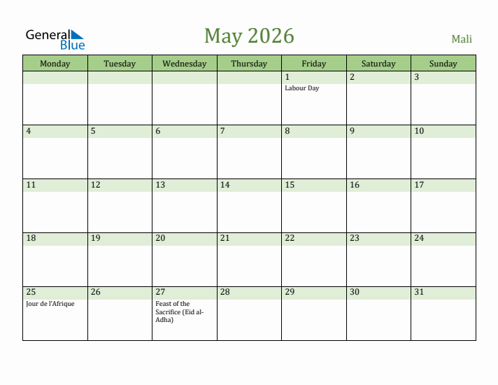 May 2026 Calendar with Mali Holidays