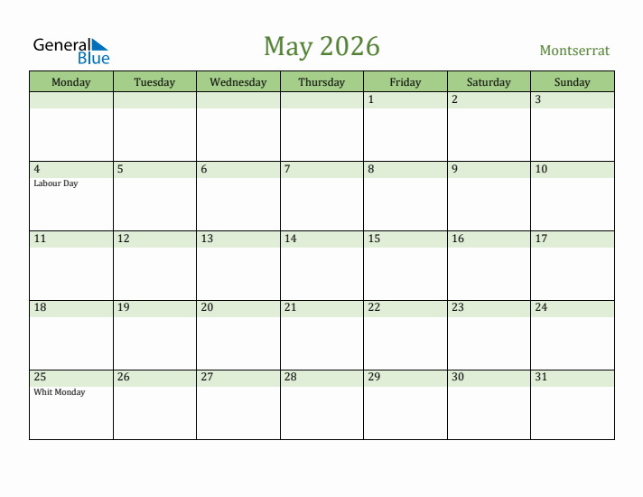 May 2026 Calendar with Montserrat Holidays