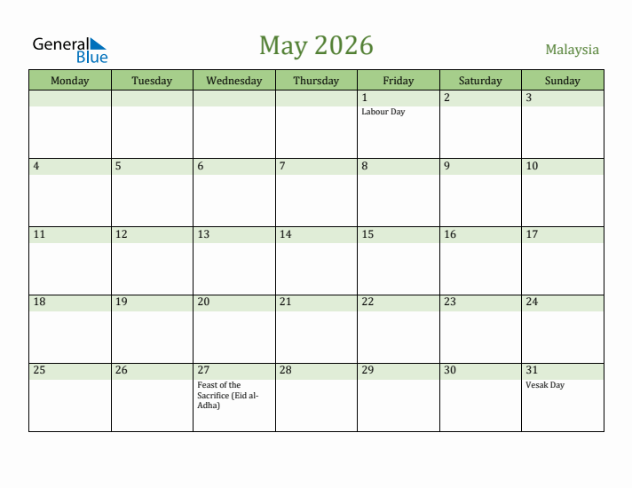 May 2026 Calendar with Malaysia Holidays