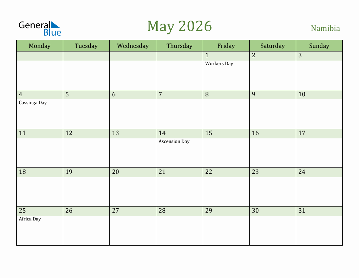 Fillable Holiday Calendar For Namibia May 2026