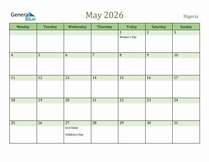 May 2026 Calendar with Nigeria Holidays