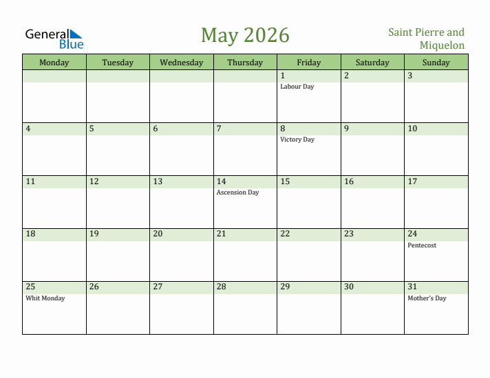 May 2026 Calendar with Saint Pierre and Miquelon Holidays