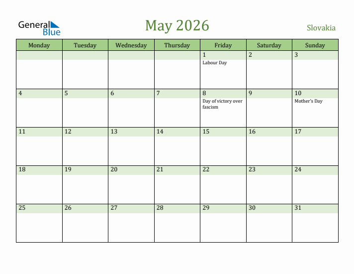 May 2026 Calendar with Slovakia Holidays