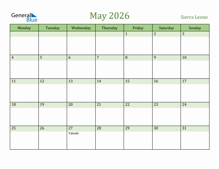 May 2026 Calendar with Sierra Leone Holidays