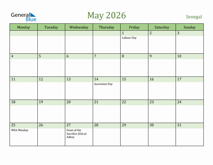 May 2026 Calendar with Senegal Holidays