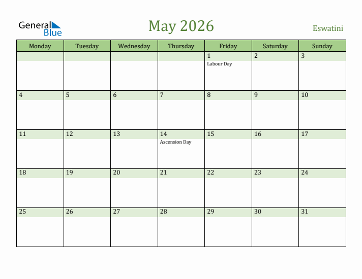 May 2026 Calendar with Eswatini Holidays