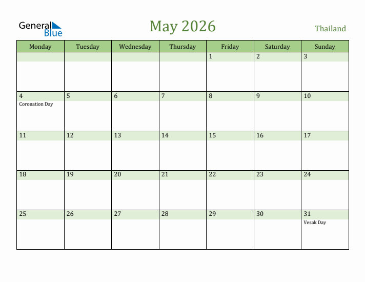 May 2026 Calendar with Thailand Holidays