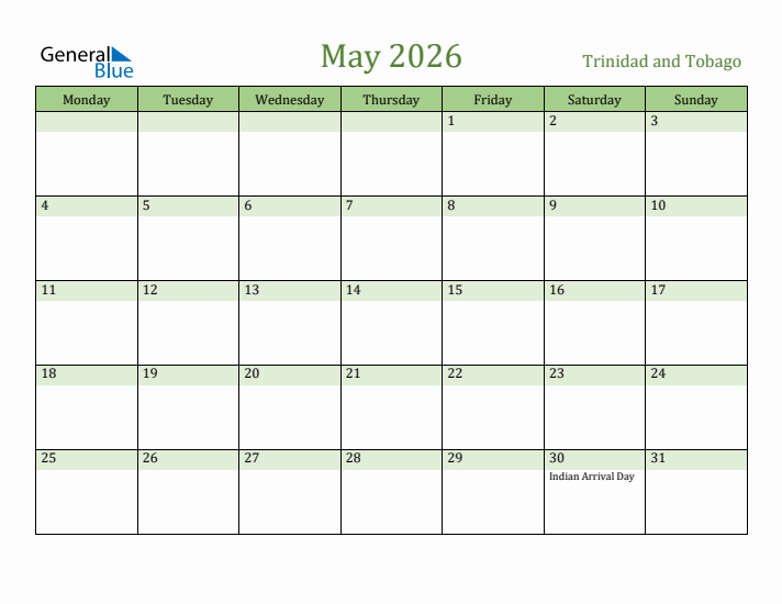 May 2026 Calendar with Trinidad and Tobago Holidays
