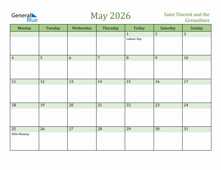 May 2026 Calendar with Saint Vincent and the Grenadines Holidays
