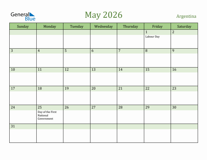 May 2026 Calendar with Argentina Holidays