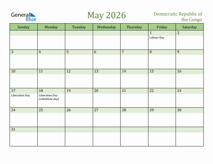 May 2026 Calendar with Democratic Republic of the Congo Holidays