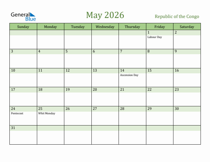 May 2026 Calendar with Republic of the Congo Holidays