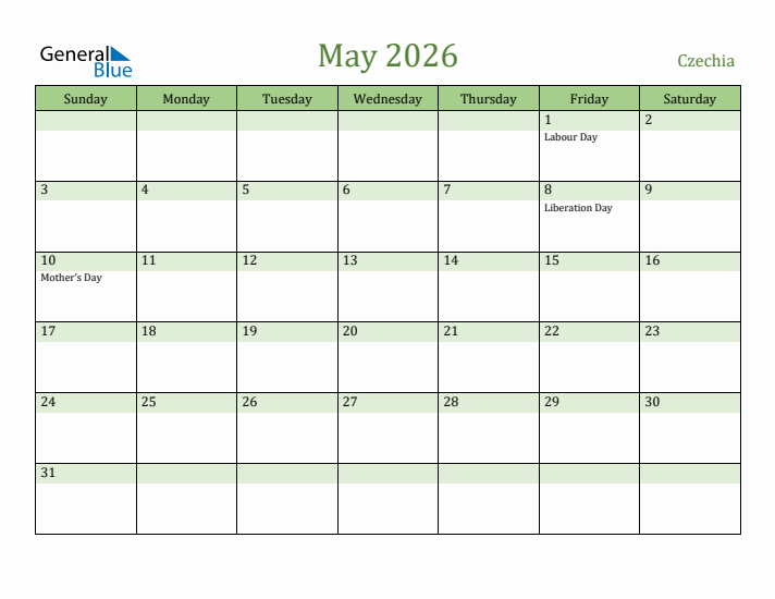 May 2026 Calendar with Czechia Holidays