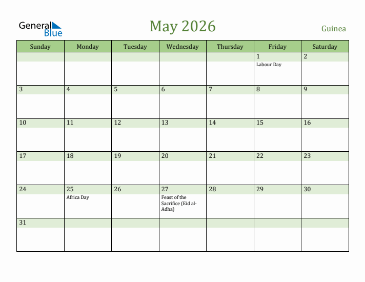 May 2026 Calendar with Guinea Holidays