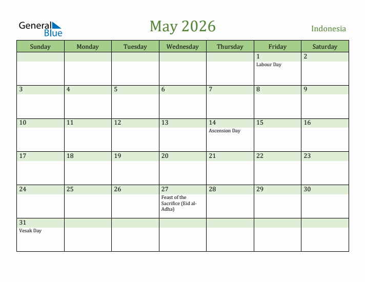 May 2026 Calendar with Indonesia Holidays