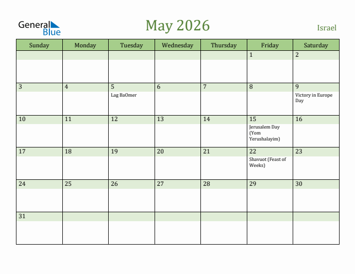 May 2026 Calendar with Israel Holidays