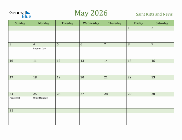 May 2026 Calendar with Saint Kitts and Nevis Holidays