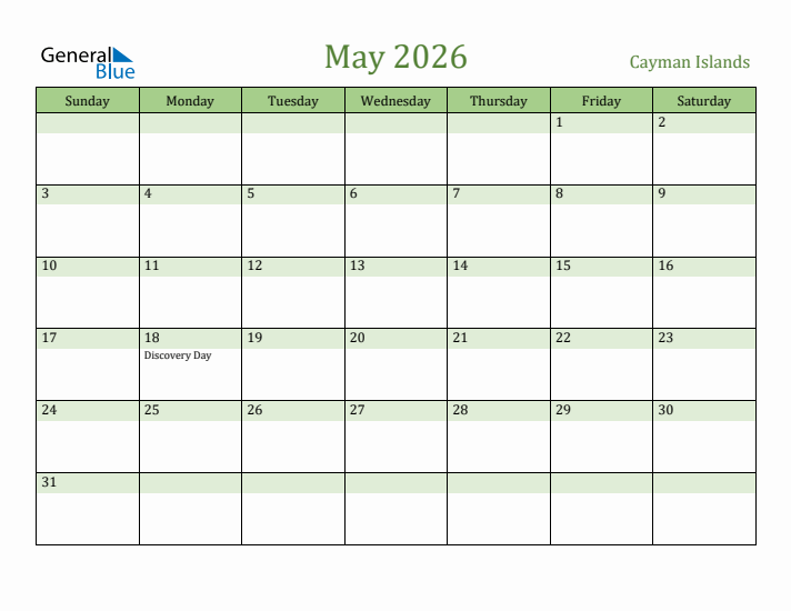 May 2026 Calendar with Cayman Islands Holidays