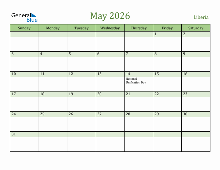 May 2026 Calendar with Liberia Holidays