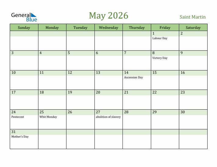 May 2026 Calendar with Saint Martin Holidays