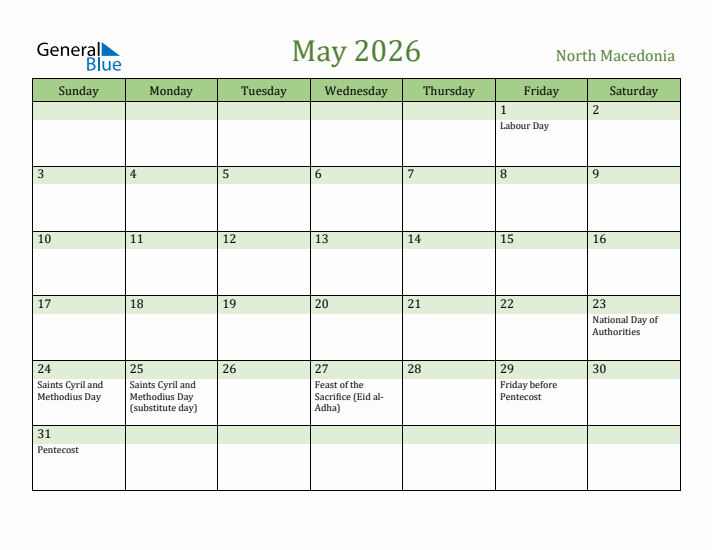 May 2026 Calendar with North Macedonia Holidays