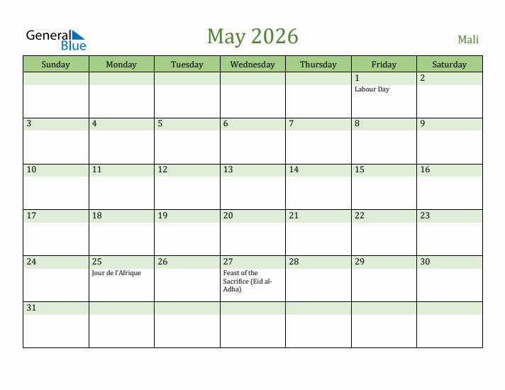 May 2026 Calendar with Mali Holidays