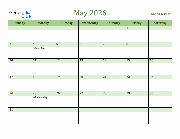 May 2026 Calendar with Montserrat Holidays