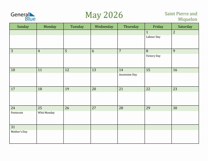 May 2026 Calendar with Saint Pierre and Miquelon Holidays