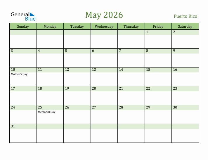 May 2026 Calendar with Puerto Rico Holidays
