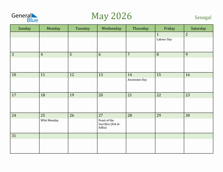 May 2026 Calendar with Senegal Holidays