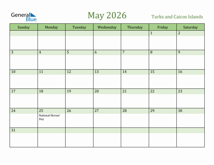 May 2026 Calendar with Turks and Caicos Islands Holidays