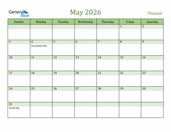 May 2026 Calendar with Thailand Holidays