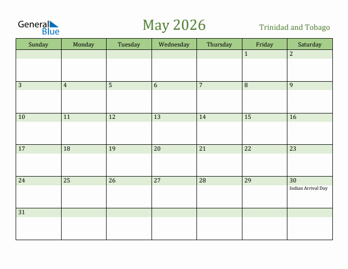 May 2026 Calendar with Trinidad and Tobago Holidays