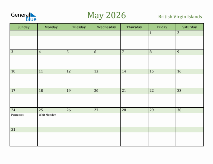 May 2026 Calendar with British Virgin Islands Holidays