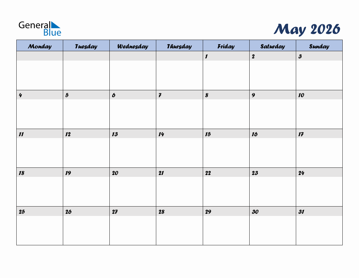 Free May 2026 Monthly Editable Calendar, starting on Monday