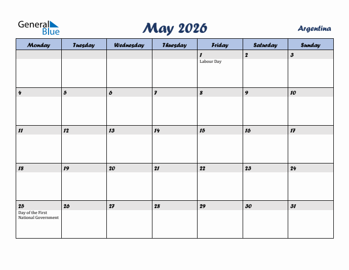 May 2026 Calendar with Holidays in Argentina