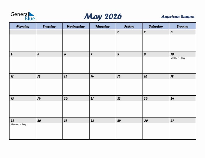 May 2026 Calendar with Holidays in American Samoa
