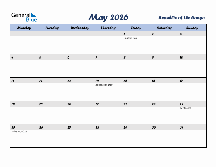 May 2026 Calendar with Holidays in Republic of the Congo