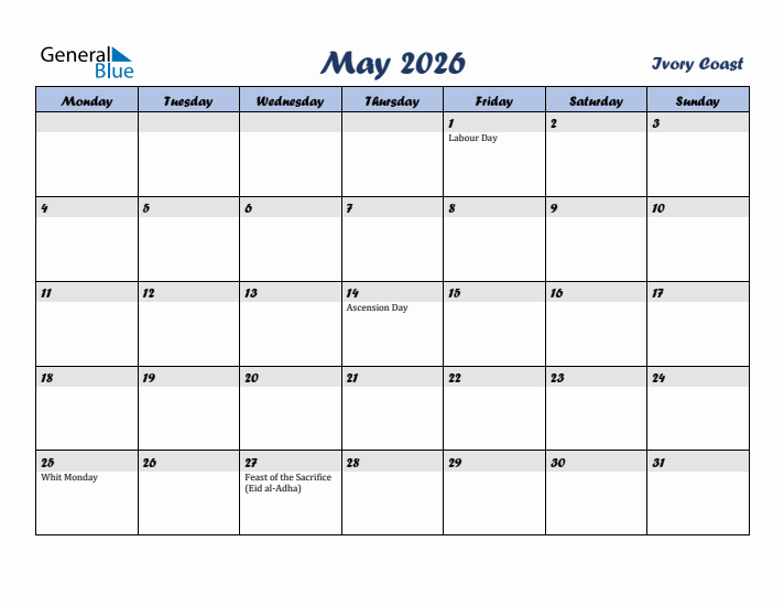 May 2026 Calendar with Holidays in Ivory Coast