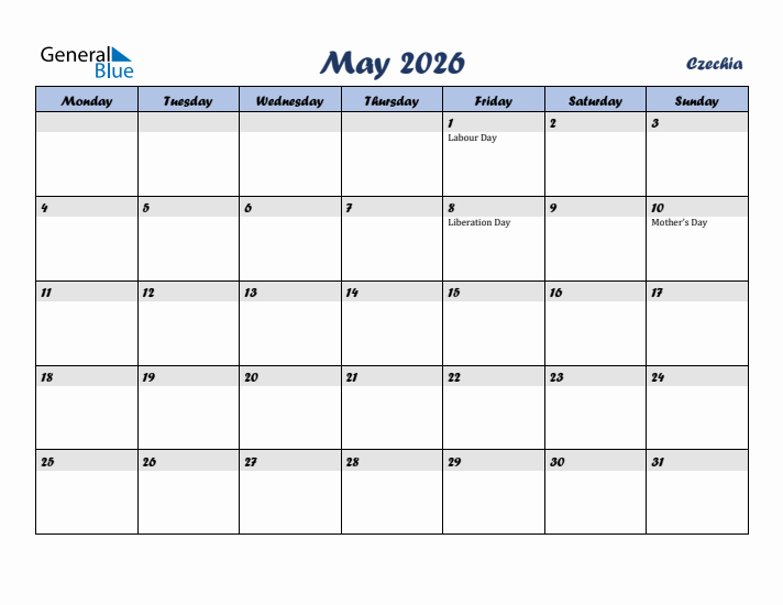 May 2026 Calendar with Holidays in Czechia