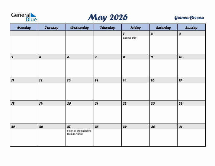 May 2026 Calendar with Holidays in Guinea-Bissau