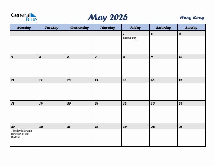 May 2026 Calendar with Holidays in Hong Kong
